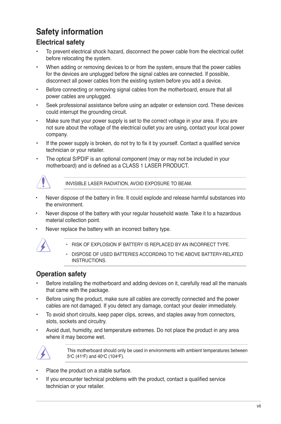 Safety information, Electrical safety, Operation safety | Asus P5G41-M User Manual | Page 7 / 62