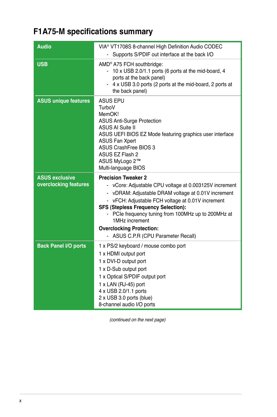 F1a75-m specifications summary | Asus F1A75-M User Manual | Page 10 / 70