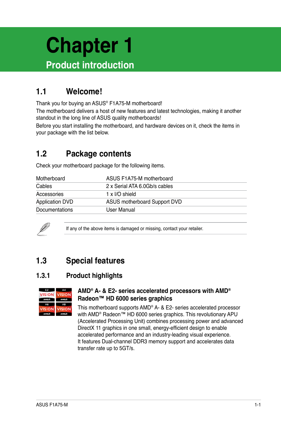 Chapter 1, Product introduction, 1 welcome | 2 package contents, 3 special features, 1 product highlights, Welcome! -1, Package contents -1, Special features -1 1.3.1, Product highlights -1 | Asus F1A75-M User Manual | Page 13 / 70