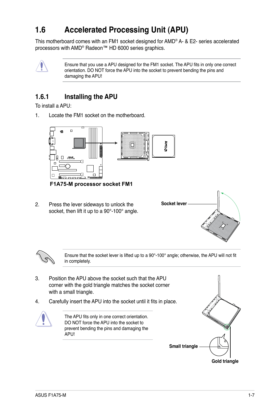 6 accelerated processing unit (apu), 1 installing the apu, Accelerated processing unit (apu) -7 1.6.1 | Installing the apu -7 | Asus F1A75-M User Manual | Page 19 / 70