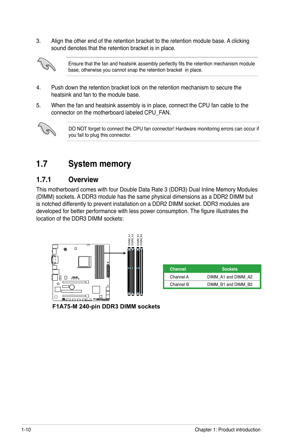 7 system memory, 1 overview, System memory -10 1.7.1 | Overview -10 | Asus F1A75-M User Manual | Page 22 / 70