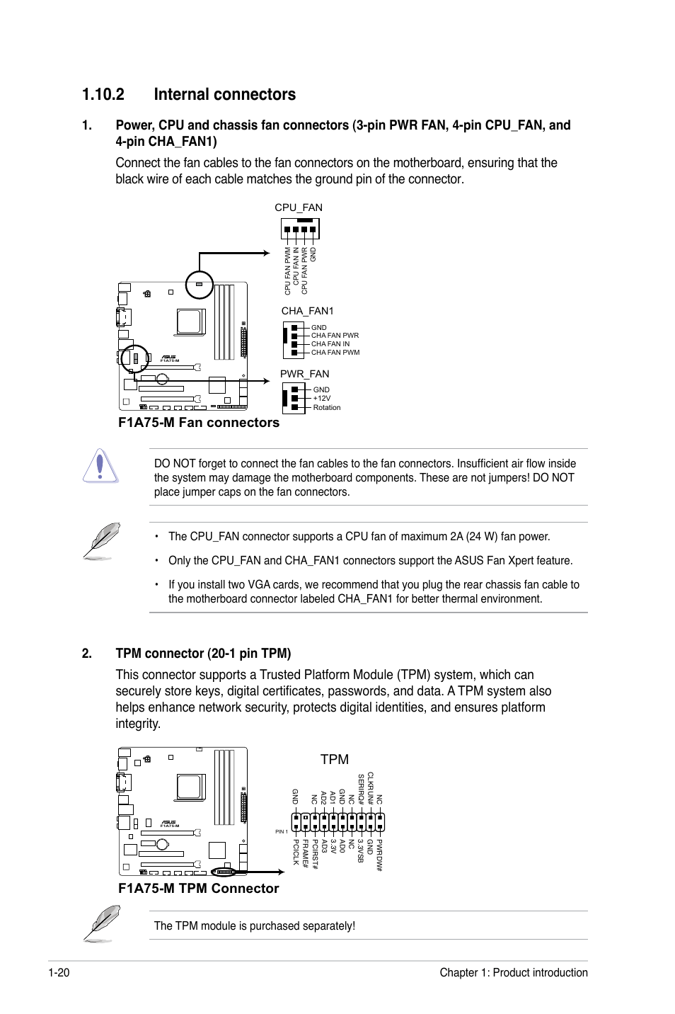 2 internal connectors, 2 internal connectors -20, F1a75-m fan connectors | F1a75-m tpm connector tpm | Asus F1A75-M User Manual | Page 32 / 70