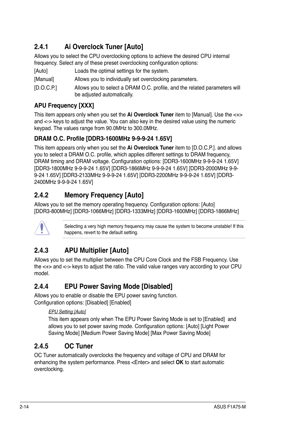 1 ai overclock tuner [auto, 2 memory frequency [auto, 3 apu multiplier [auto | 4 epu power saving mode [disabled, 5 oc tuner, Ai overclock tuner [auto] -14, Memory frequency [auto] -14, Apu multiplier [auto] -14, Epu power saving mode [disabled] -14, Oc tuner -14 | Asus F1A75-M User Manual | Page 54 / 70