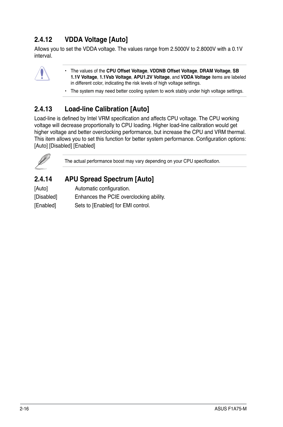 12 vdda voltage [auto, 13 load-line calibration [auto, 14 apu spread spectrum [auto | Asus F1A75-M User Manual | Page 56 / 70