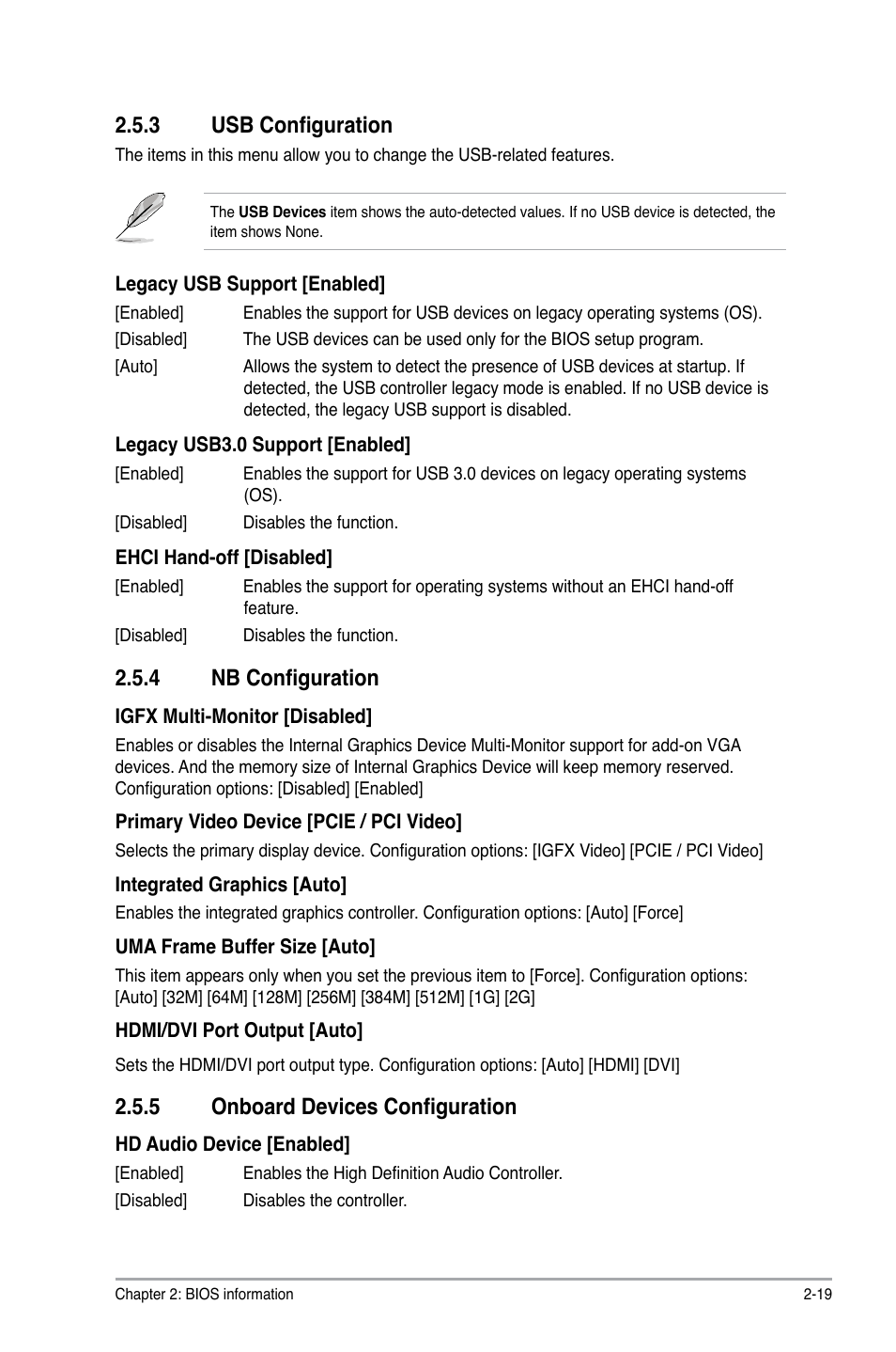 3 usb configuration, 4 nb configuration, 5 onboard devices configuration | Usb configuration -19, Nb configuration -19, Onboard devices configuration -19 | Asus F1A75-M User Manual | Page 59 / 70