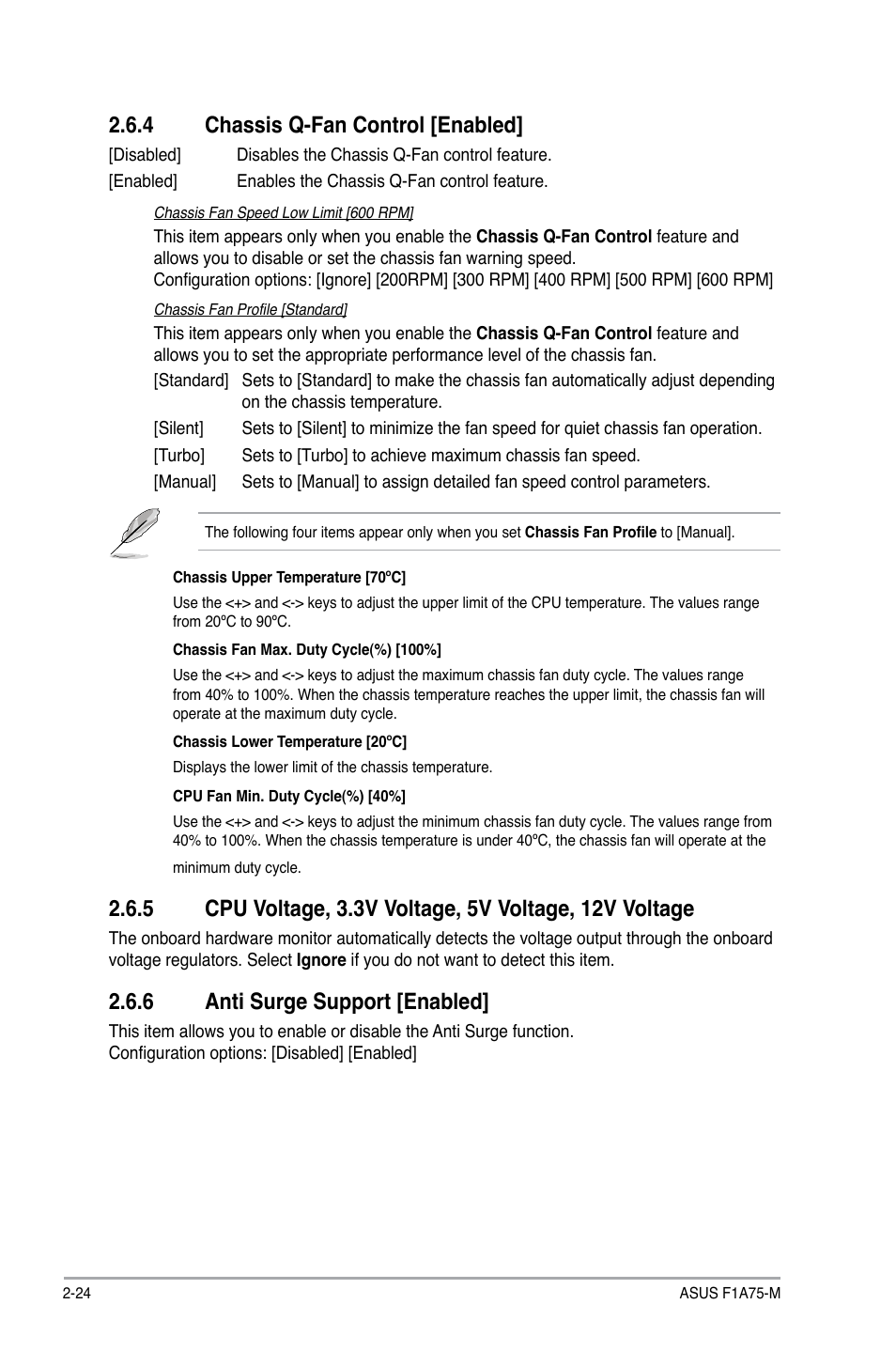 4 chassis q-fan control [enabled, 6 anti surge support [enabled, Chassis q-fan control [enabled] -24 | Anti surge support [enabled] -24 | Asus F1A75-M User Manual | Page 64 / 70