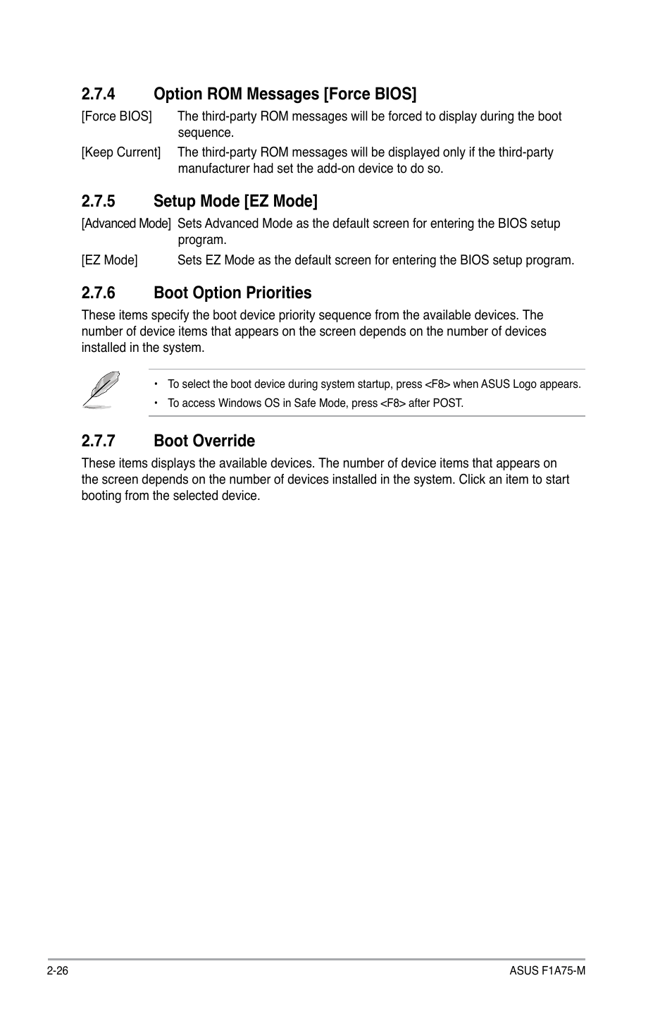 4 option rom messages [force bios, 5 setup mode [ez mode, 6 boot option priorities | 7 boot override, Option rom messages [force bios] -26, Setup mode [ez mode] -26, Boot option priorities -26, Boot override -26 | Asus F1A75-M User Manual | Page 66 / 70