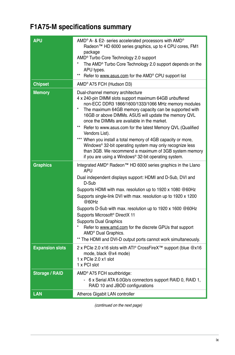 F1a75-m specifications summary | Asus F1A75-M User Manual | Page 9 / 70