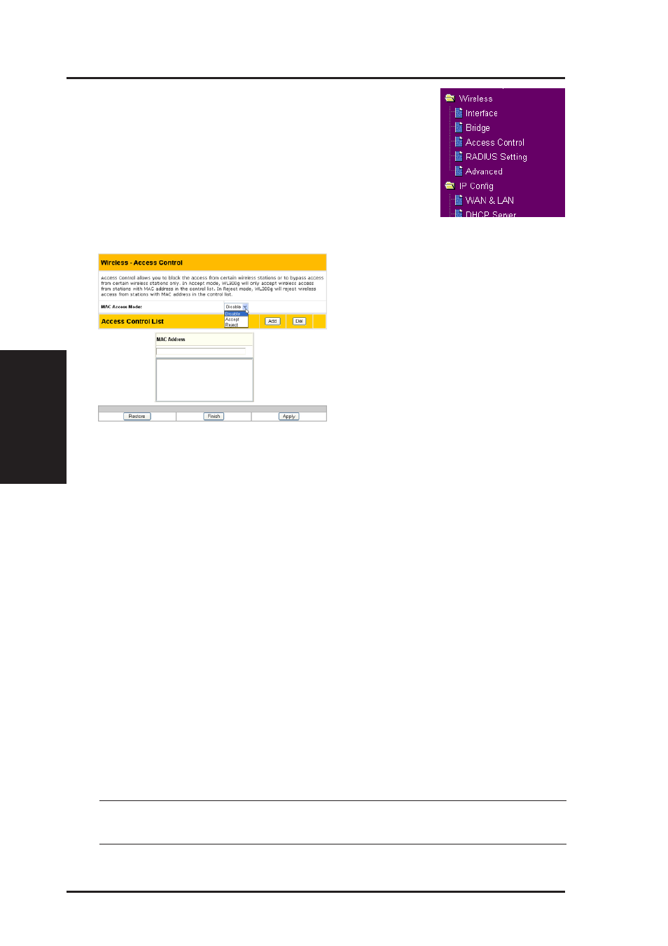 Wireless, Chapter 3 - software configuration, Access control | Asus WL-500g Deluxe User Manual | Page 40 / 107