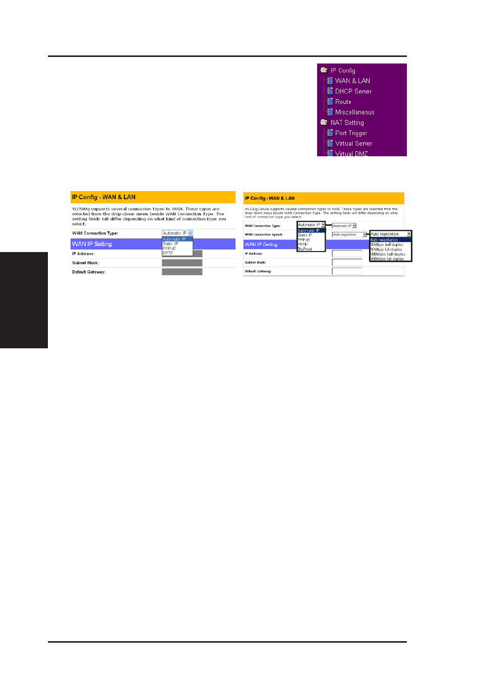 Ip config, Chapter 3 - software configuration, Wan & lan | Asus WL-500g Deluxe User Manual | Page 44 / 107