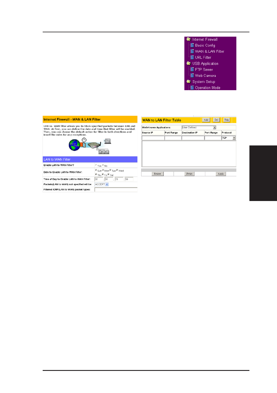 Internet firewall, Lan & wan filter | Asus WL-500g Deluxe User Manual | Page 55 / 107