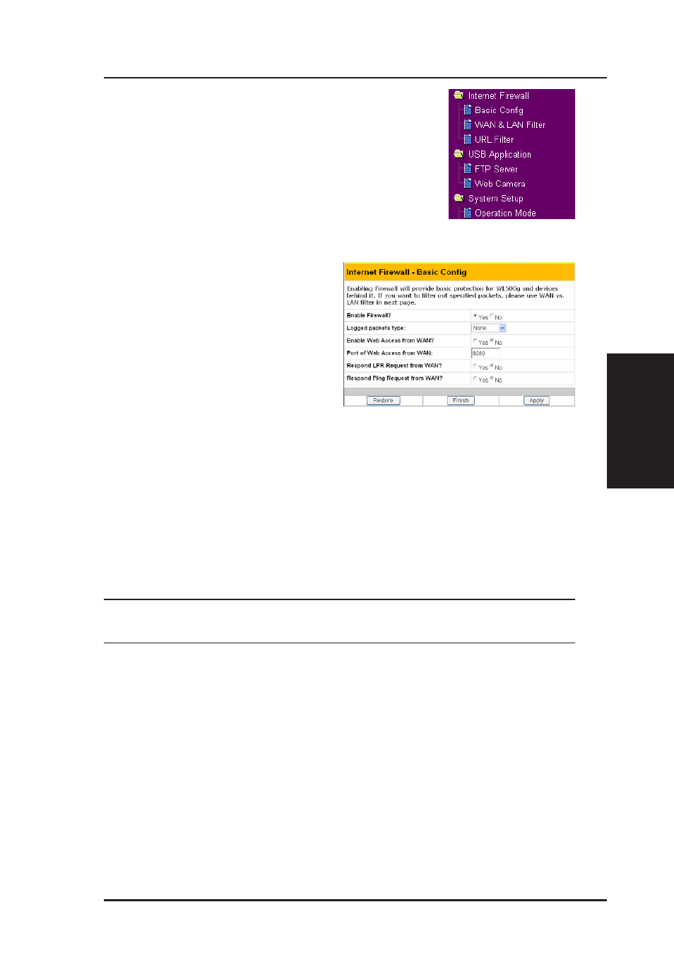 Internet firewall (cont.), Chapter 3 - software configuration, Basic config | Asus WL-500g Deluxe User Manual | Page 57 / 107