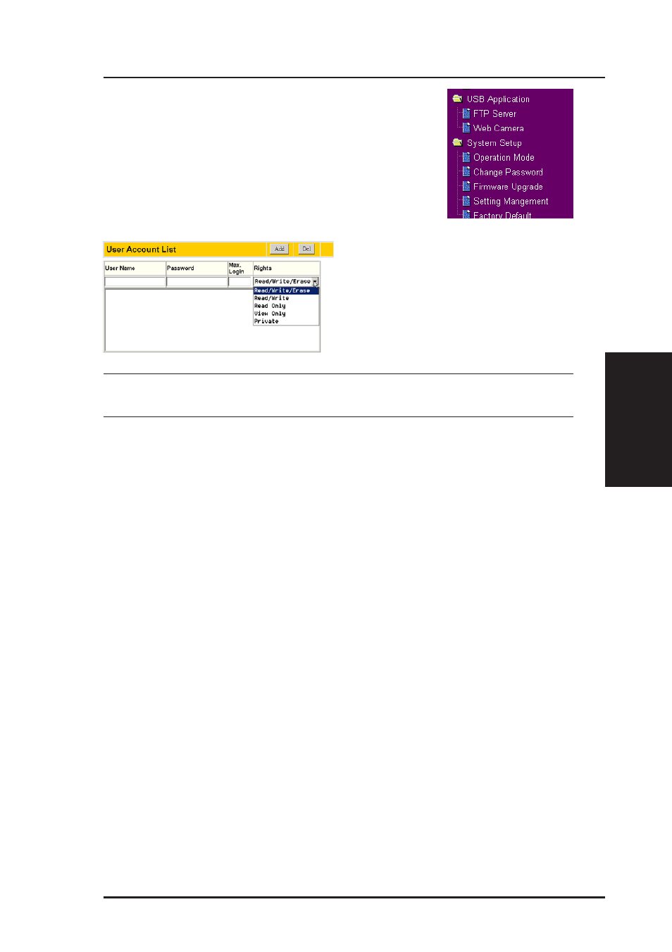 Usb application (cont.), Chapter 3 - software configuration, User account list | Asus WL-500g Deluxe User Manual | Page 61 / 107