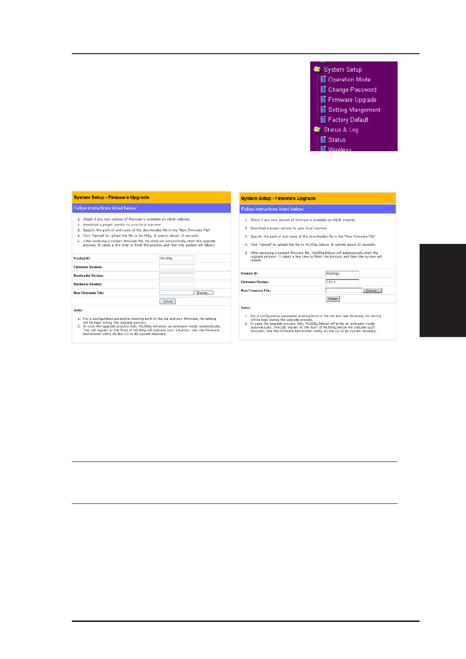 System setup (cont.), Firmware upgrade, Chapter 3 - software configuration | Asus WL-500g Deluxe User Manual | Page 75 / 107