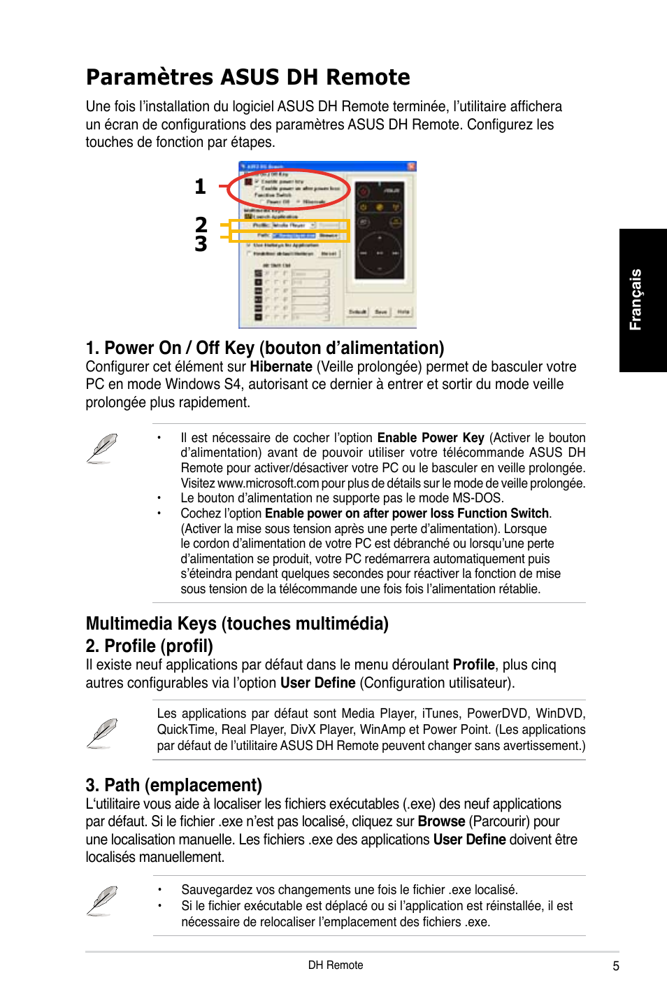 Paramètres asus dh remote, Power on / off key (bouton d’alimentation), Path (emplacement) | Asus P5W DH Deluxe User Manual | Page 13 / 96