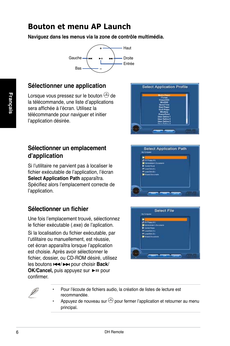 Bouton et menu ap launch, Sélectionner un fichier, Sélectionner un emplacement d’application | Sélectionner une application | Asus P5W DH Deluxe User Manual | Page 14 / 96