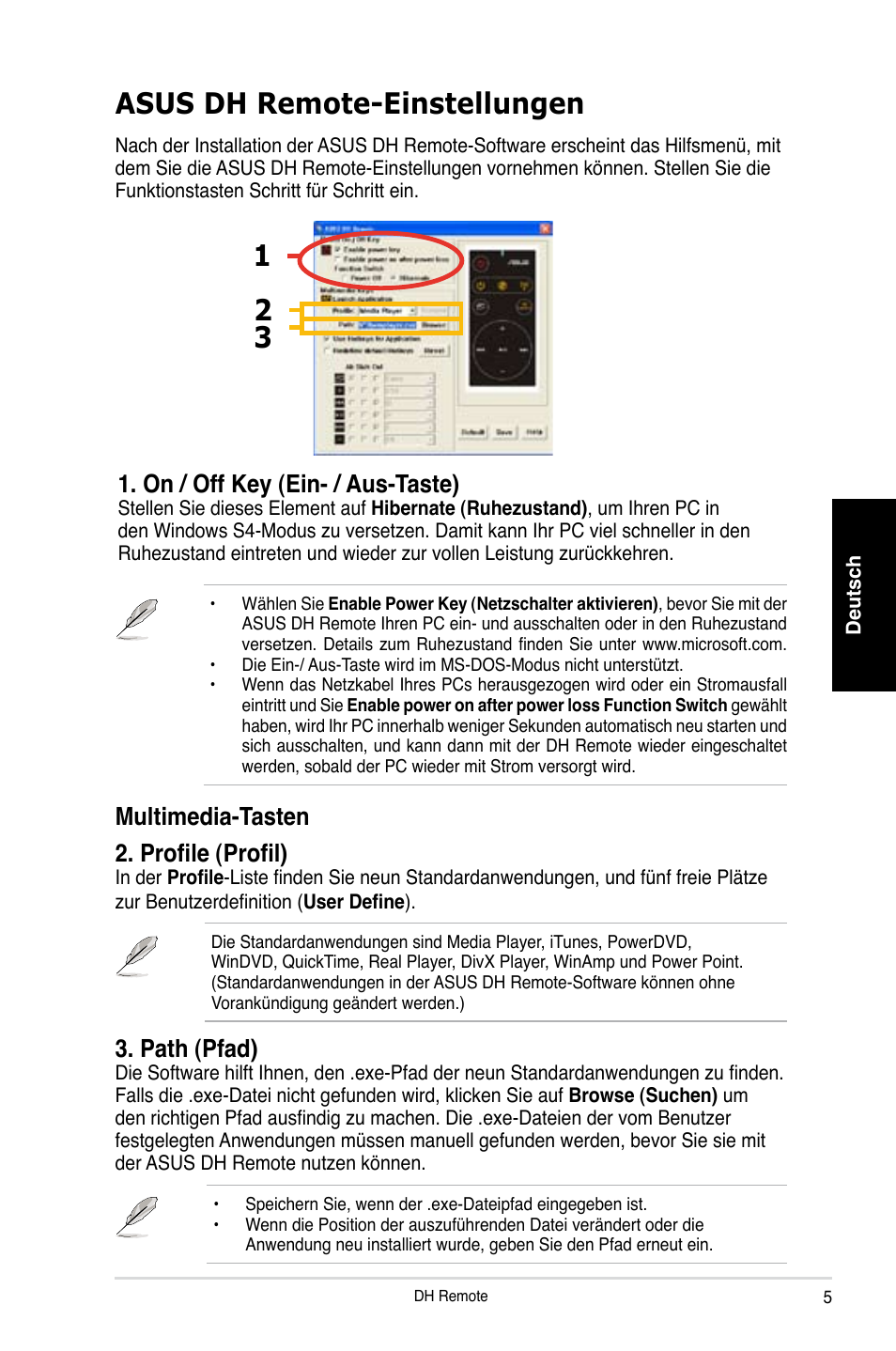 Asus dh remote-einstellungen, Multimedia-tasten 2. profile (profil), On / off key (ein- / aus-taste) | Path (pfad) | Asus P5W DH Deluxe User Manual | Page 21 / 96