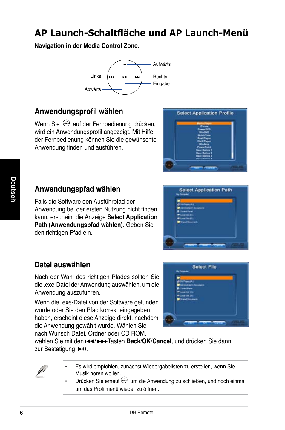 Ap launch-schaltfläche und ap launch-menü, Datei auswählen, Anwendungspfad wählen | Anwendungsprofil wählen | Asus P5W DH Deluxe User Manual | Page 22 / 96