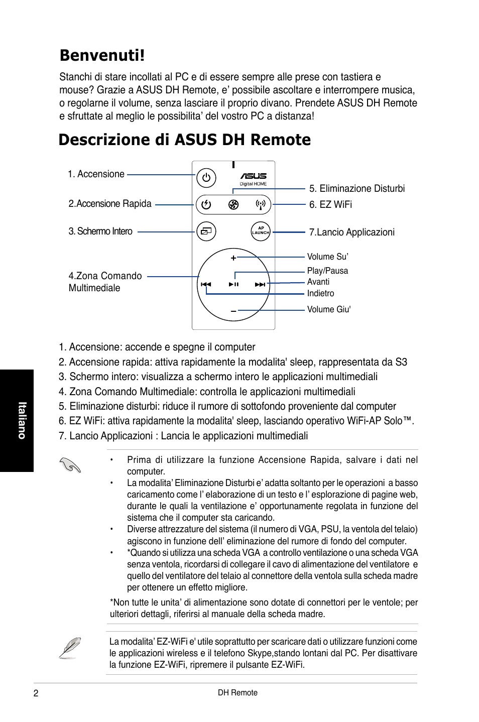 Benvenuti, Descrizione di asus dh remote | Asus P5W DH Deluxe User Manual | Page 26 / 96