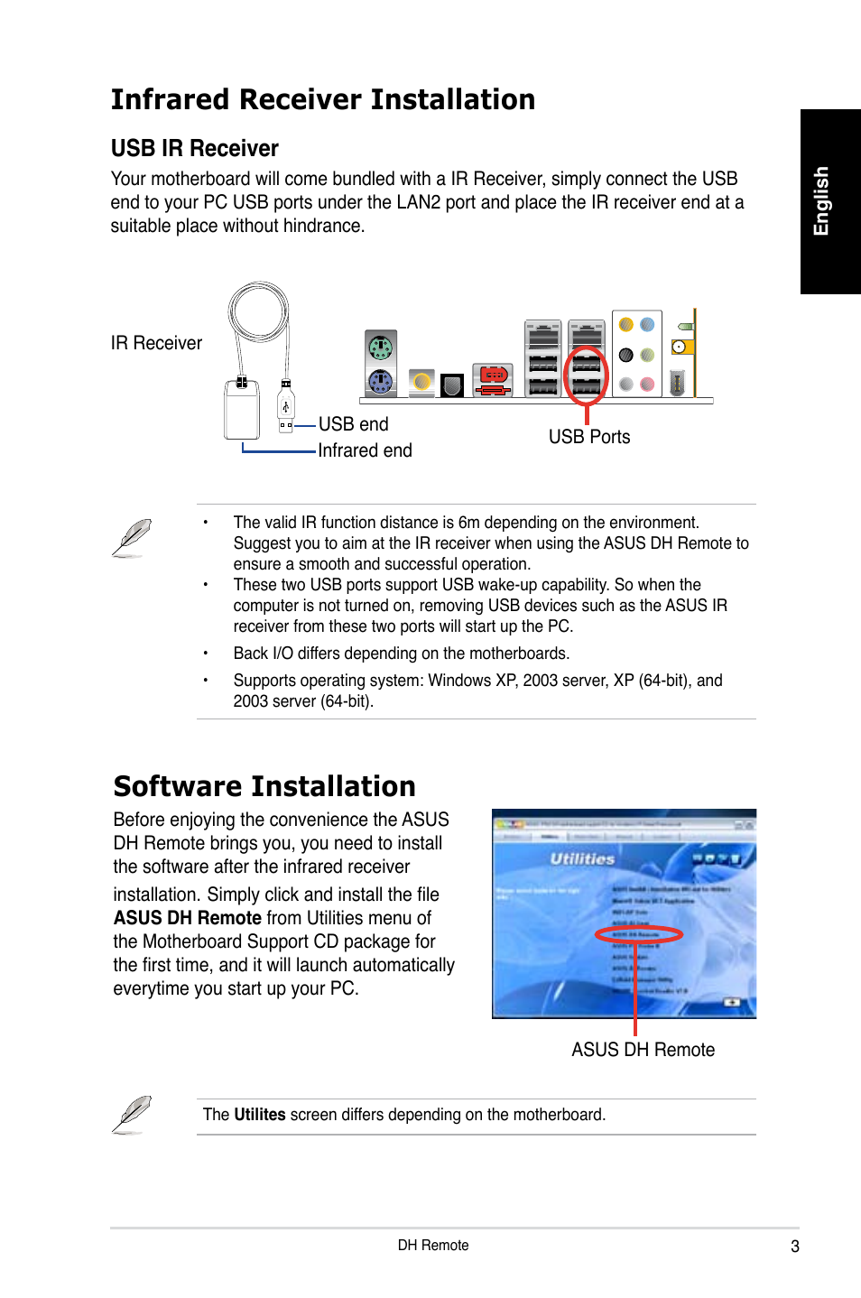 Infrared receiver installation, Software installation, Usb ir receiver | Asus P5W DH Deluxe User Manual | Page 3 / 96