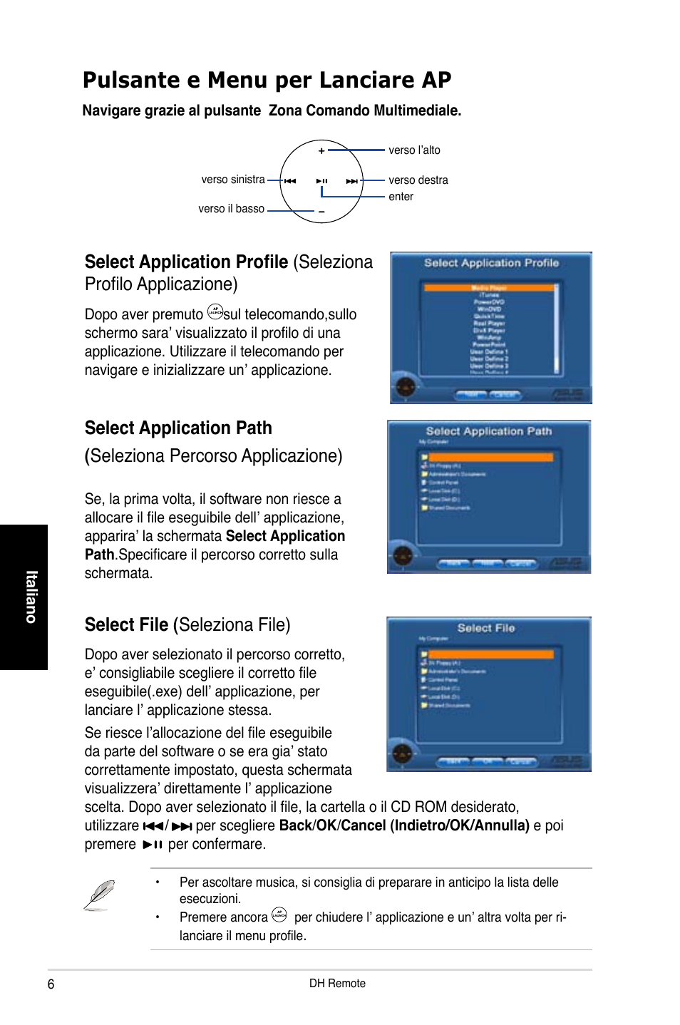 Pulsante e menu per lanciare ap, Select file ( seleziona file) | Asus P5W DH Deluxe User Manual | Page 30 / 96