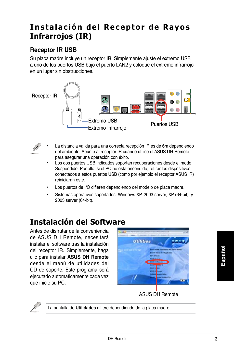 Instalación del receptor de rayos infrarrojos (ir), Instalación del software, Receptor ir usb | Asus P5W DH Deluxe User Manual | Page 35 / 96