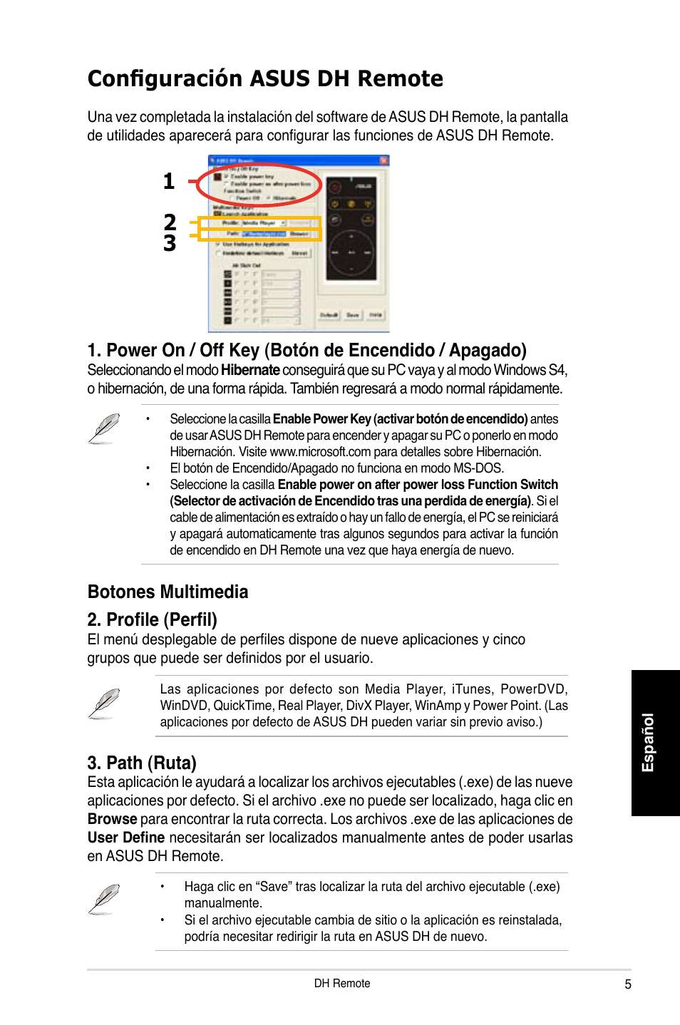 Configuración asus dh remote, Power on / off key (botón de encendido / apagado), Botones multimedia 2. profile (perfil) | Path (ruta) | Asus P5W DH Deluxe User Manual | Page 37 / 96