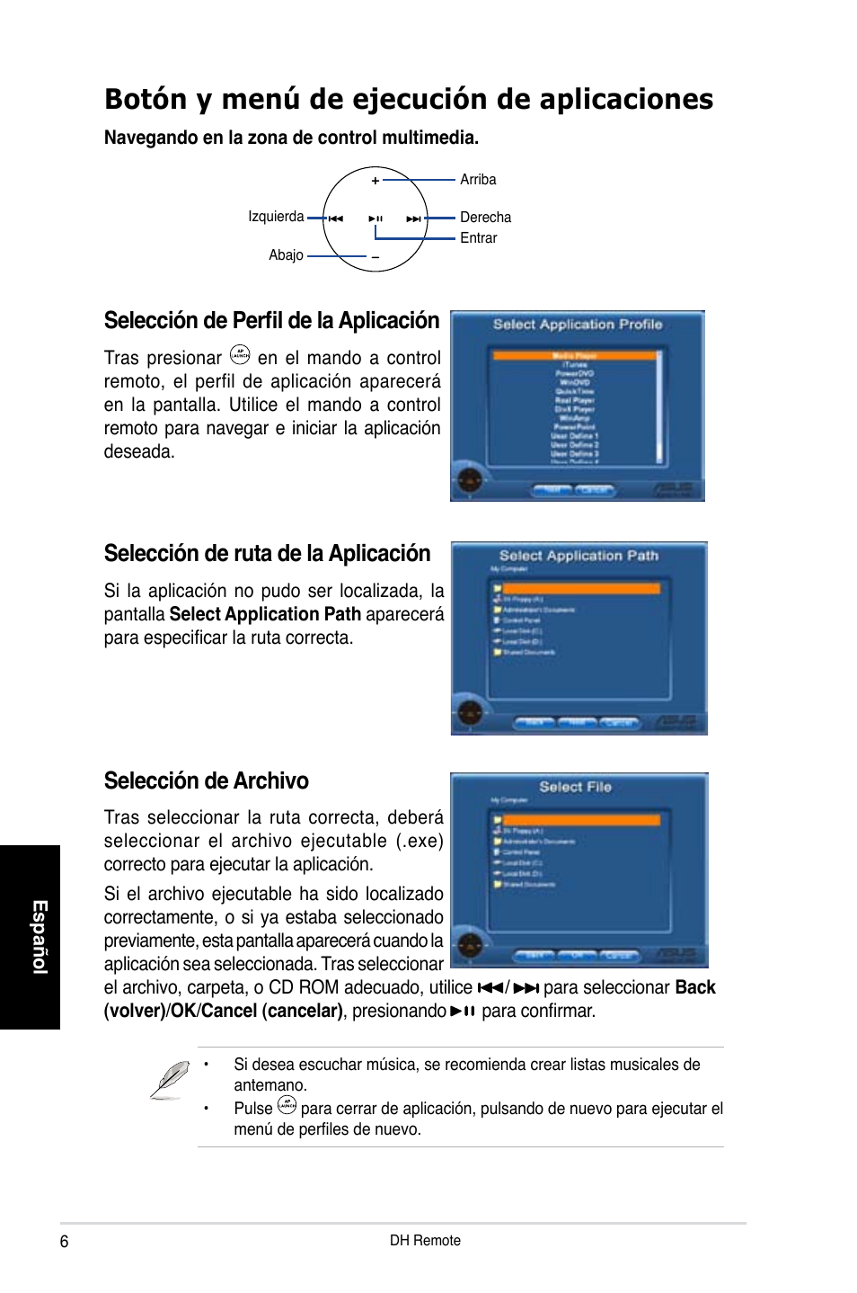 Botón y menú de ejecución de aplicaciones, Selección de perfil de la aplicación, Selección de archivo | Selección de ruta de la aplicación | Asus P5W DH Deluxe User Manual | Page 38 / 96