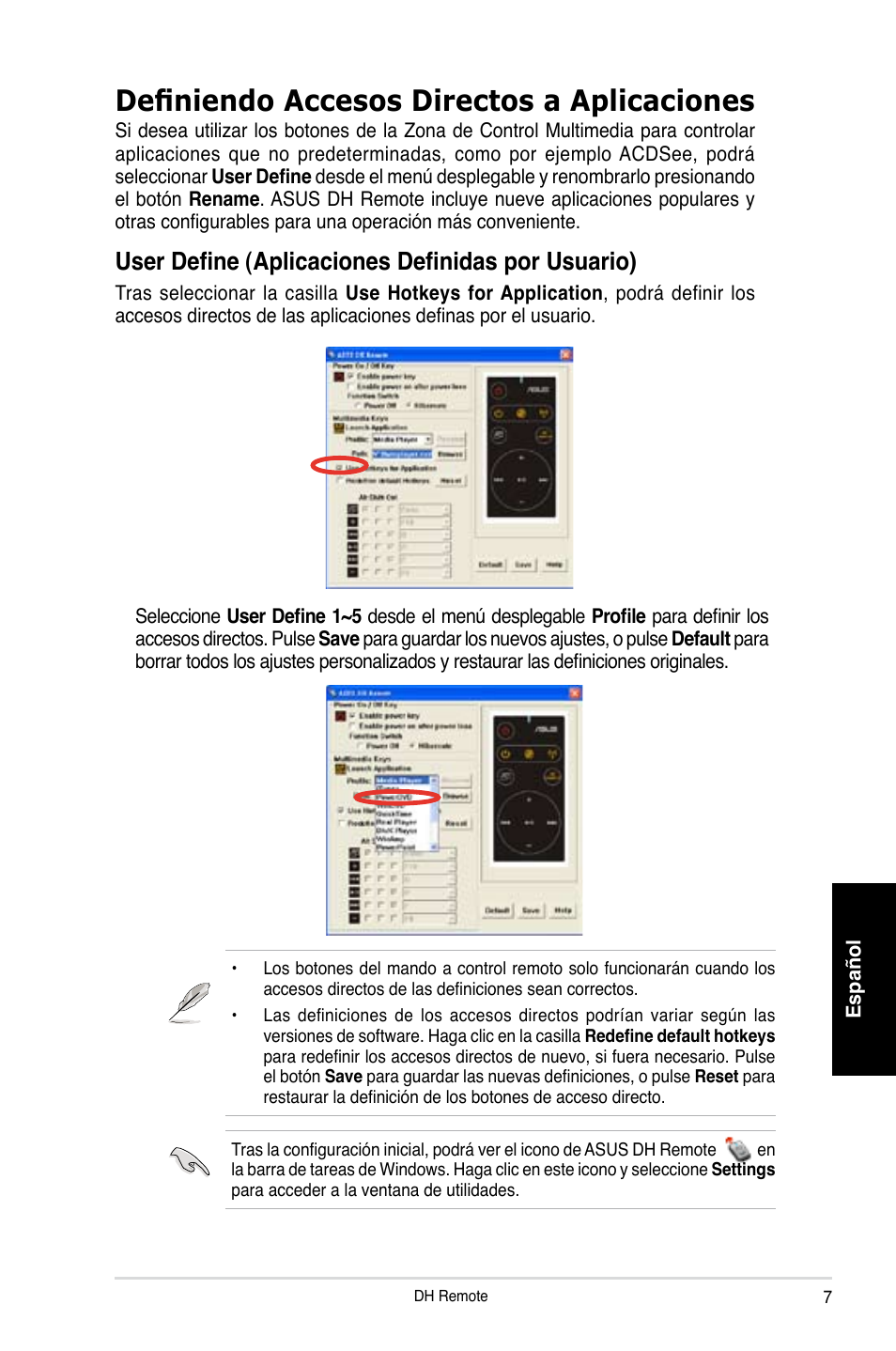 Definiendo accesos directos a aplicaciones, User define (aplicaciones definidas por usuario) | Asus P5W DH Deluxe User Manual | Page 39 / 96