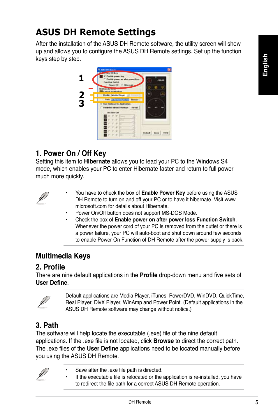 Asus dh remote settings, Multimedia keys 2. profile, Power on / off key | Path | Asus P5W DH Deluxe User Manual | Page 5 / 96