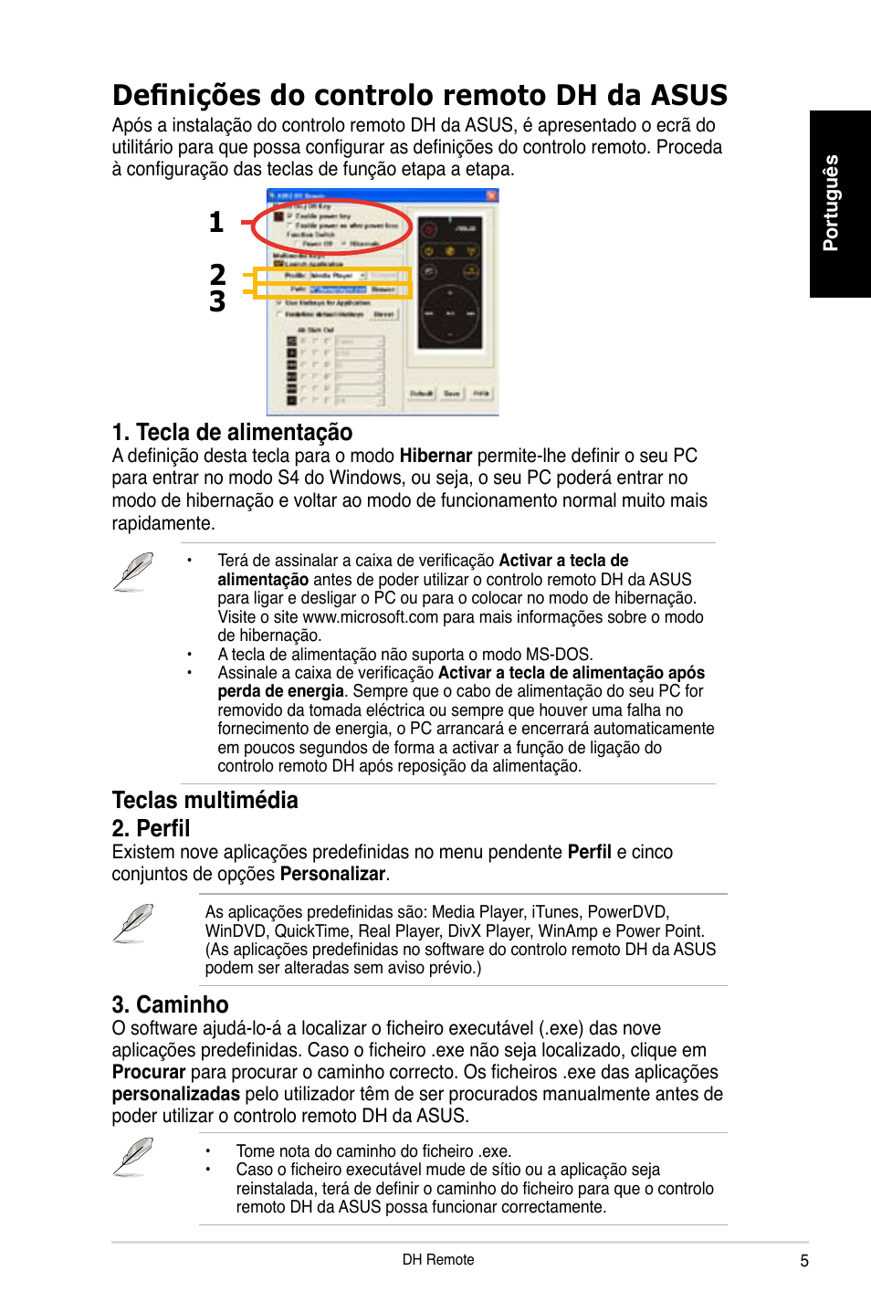 12 3 definições do controlo remoto dh da asus, Teclas multimédia 2. perfil, Tecla de alimentação | Caminho | Asus P5W DH Deluxe User Manual | Page 53 / 96