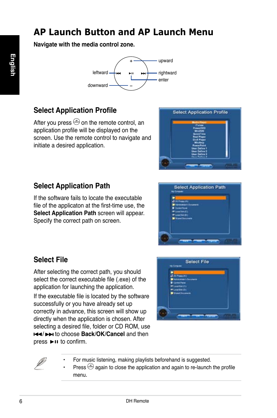 Ap launch button and ap launch menu, Select file, Select application path | Select application profile | Asus P5W DH Deluxe User Manual | Page 6 / 96