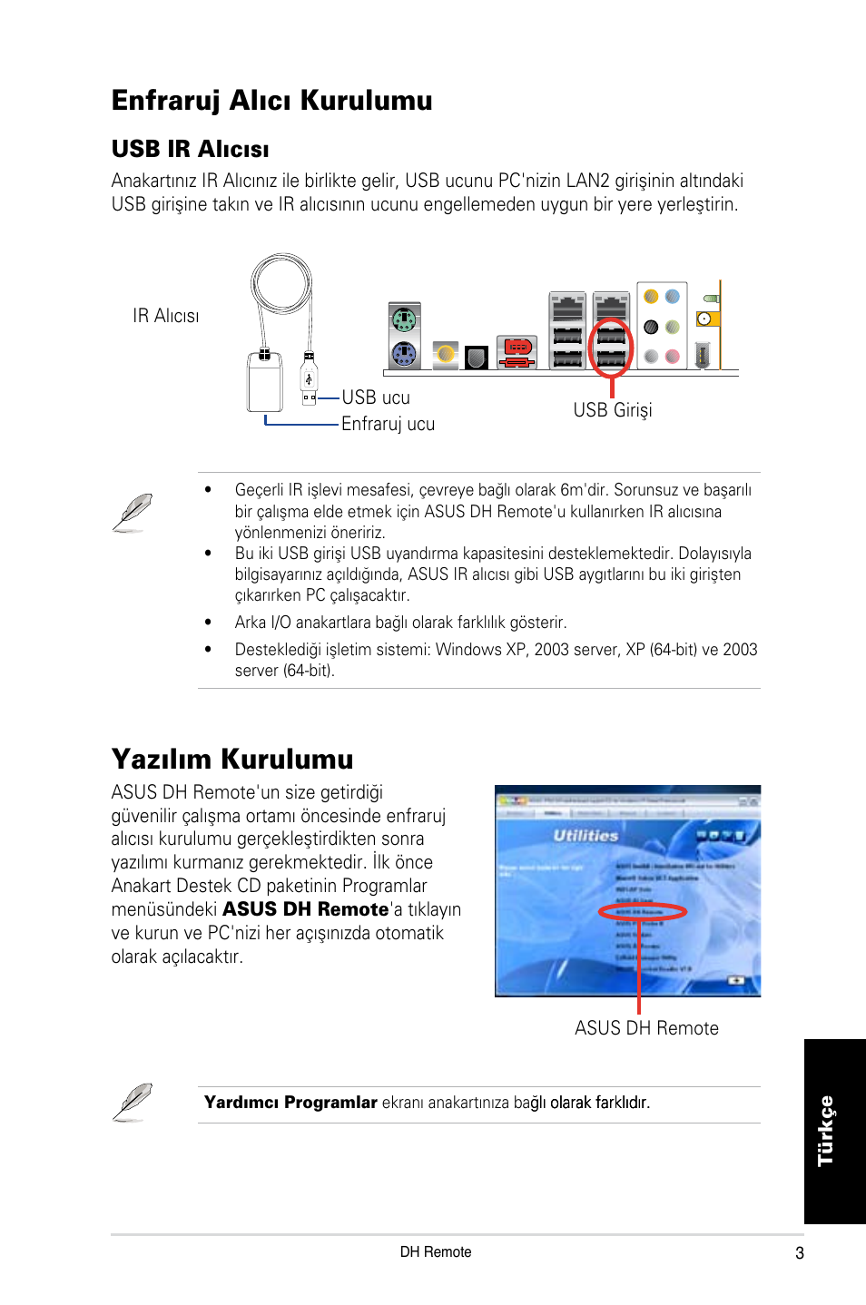 Enfraruj al›c› kurulumu, Yaz›l›m kurulumu, Usb ir al›c›s | Asus P5W DH Deluxe User Manual | Page 91 / 96