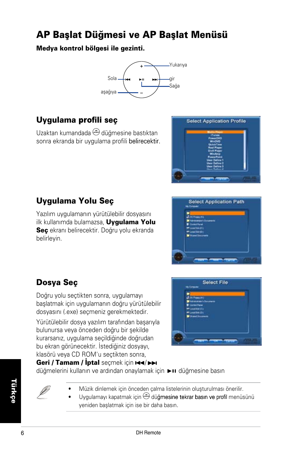 Ap baﬂlat dü¤mesi ve ap baﬂlat menüsü, Dosya seç, Uygulama yolu seç | Uygulama profili seç | Asus P5W DH Deluxe User Manual | Page 94 / 96