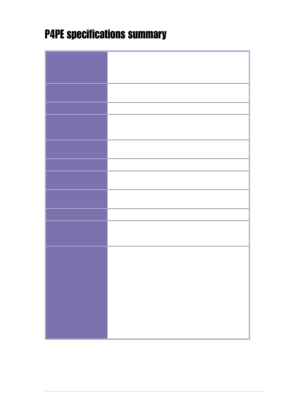 P4pe specifications summary | Asus P4PE User Manual | Page 11 / 142