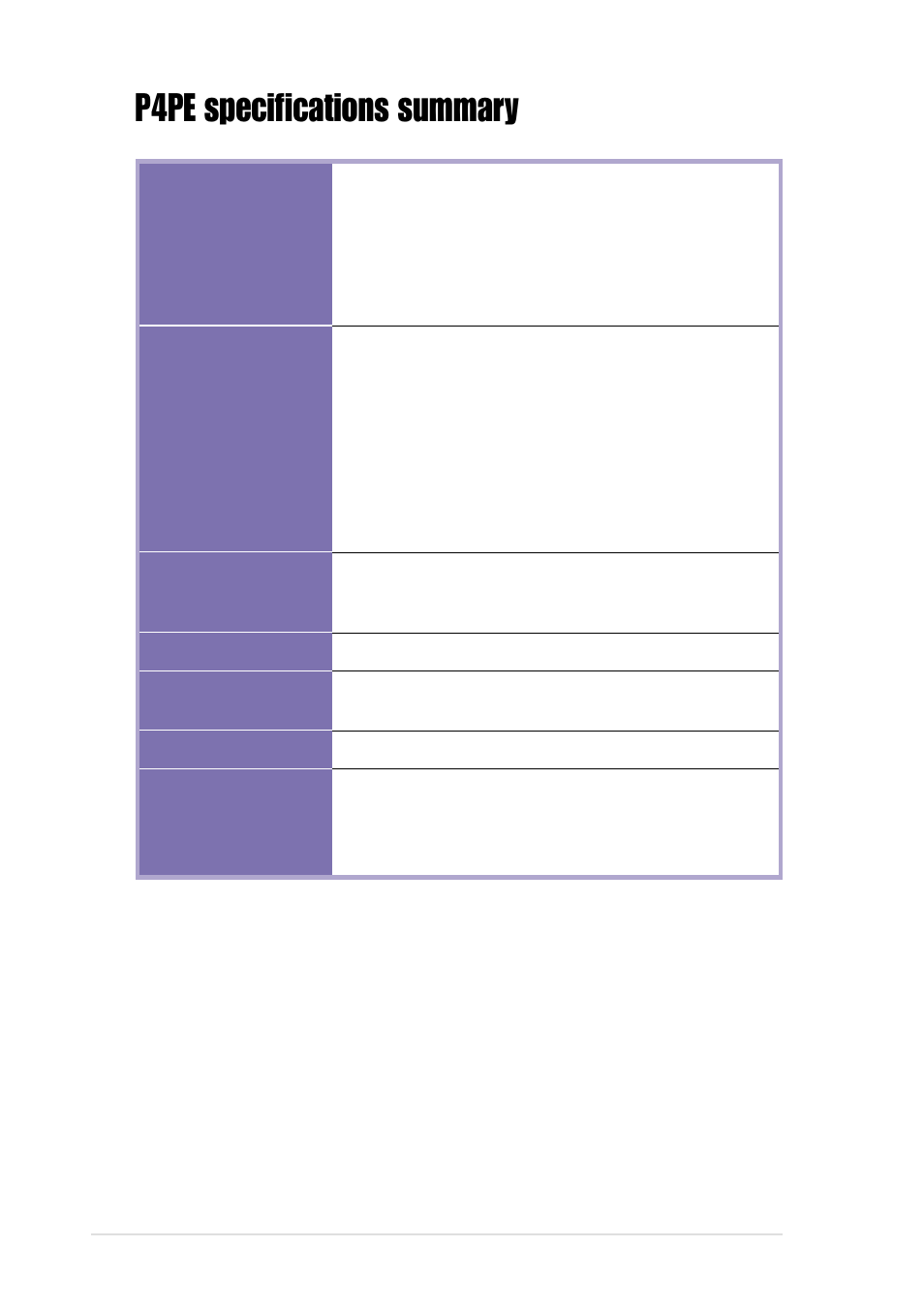 P4pe specifications summary | Asus P4PE User Manual | Page 12 / 142