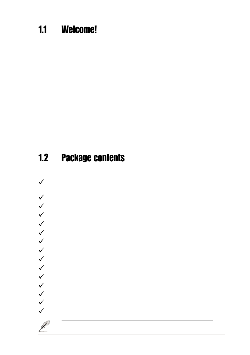 1 welcome, 2 package contents | Asus P4PE User Manual | Page 15 / 142