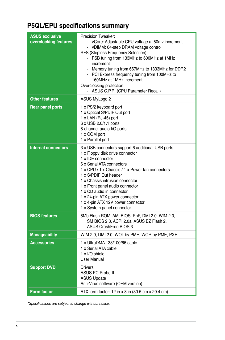 P5ql/epu specifications summary | Asus P5QL/EPU User Manual | Page 10 / 64