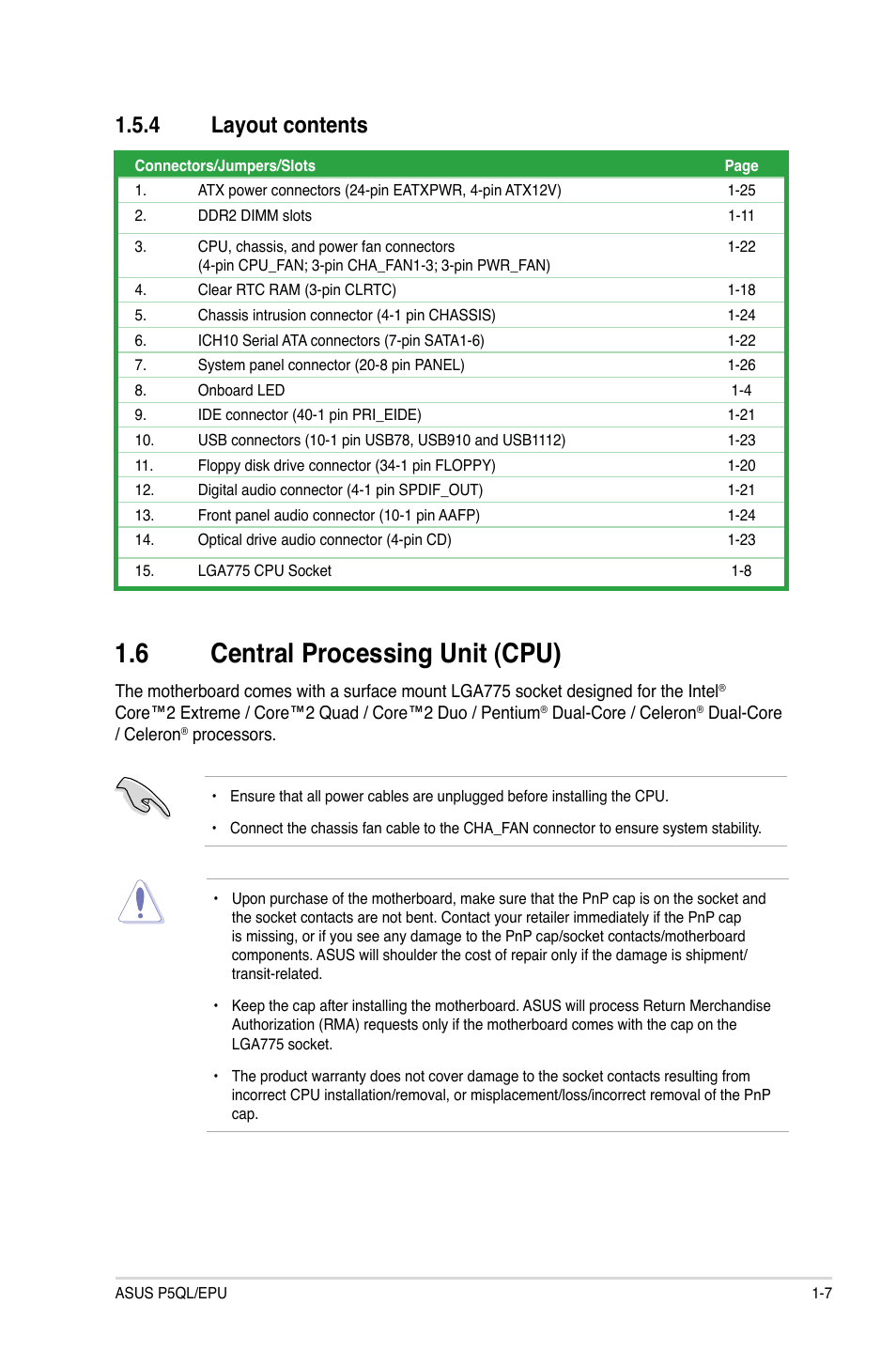 4 layout contents, 6 central processing unit (cpu), Layout contents -7 | Central.processing.unit.(cpu) -7, Central.processing.unit.(cpu), Layout.contents | Asus P5QL/EPU User Manual | Page 17 / 64