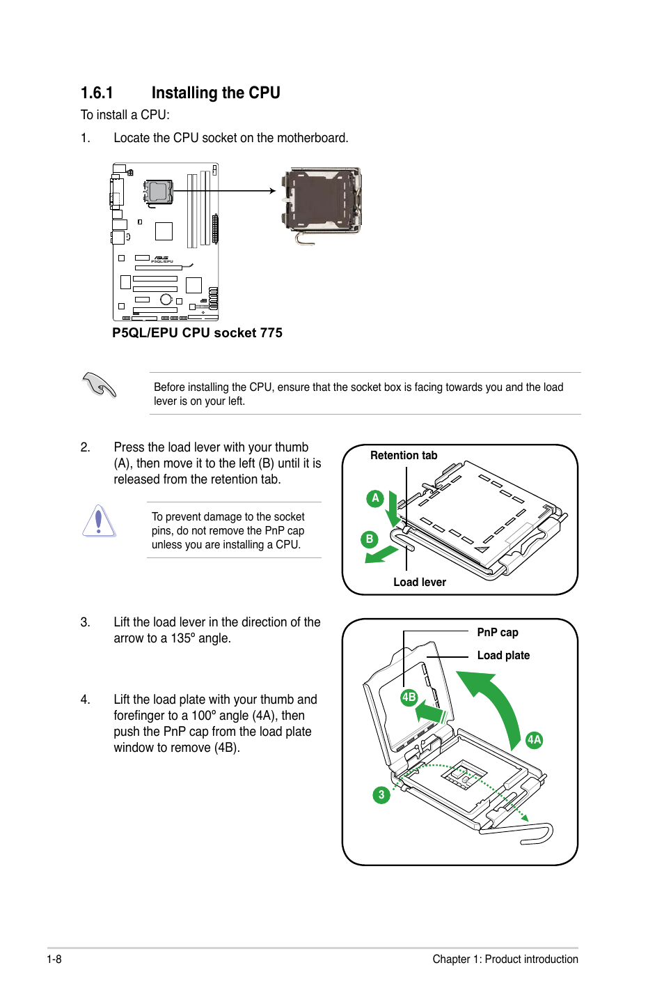1 installing the cpu, Installing the cpu -8, Installing.the.cpu | Asus P5QL/EPU User Manual | Page 18 / 64