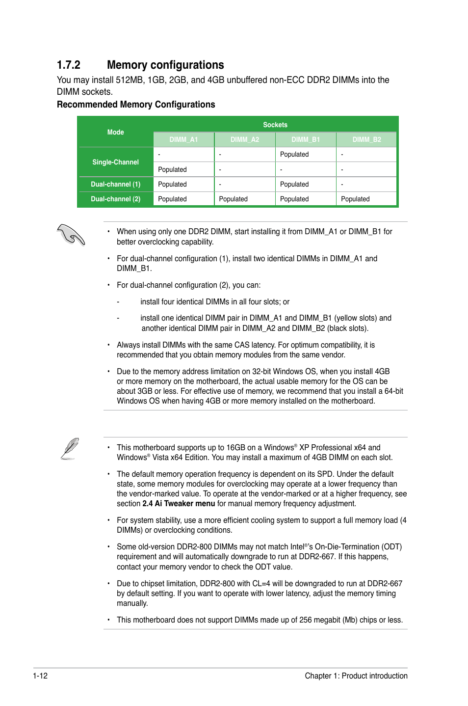 2 memory configurations, Memory configurations -12 | Asus P5QL/EPU User Manual | Page 22 / 64