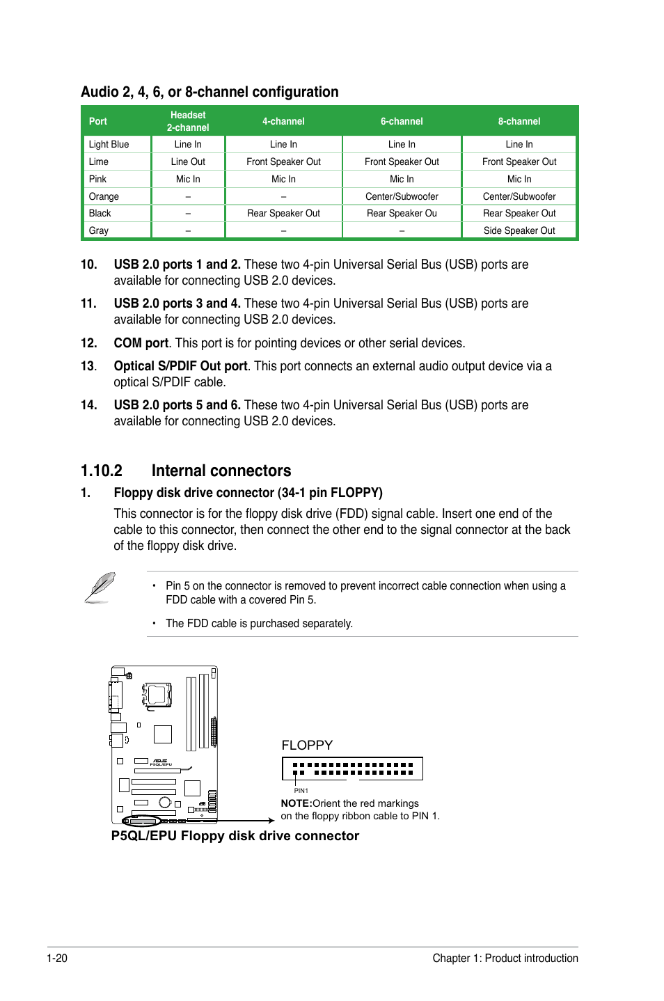 2 internal connectors, 2 internal connectors -20, Internal.connectors | Audio 2, 4, 6, or 8-channel configuration, P5ql/epu floppy disk drive connector | Asus P5QL/EPU User Manual | Page 30 / 64