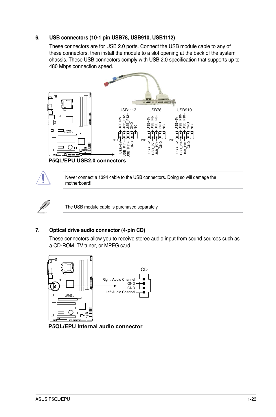 P5ql/epu internal audio connector, P5ql/epu usb2.0 connectors, Asus p5ql/epu 1-23 | Asus P5QL/EPU User Manual | Page 33 / 64