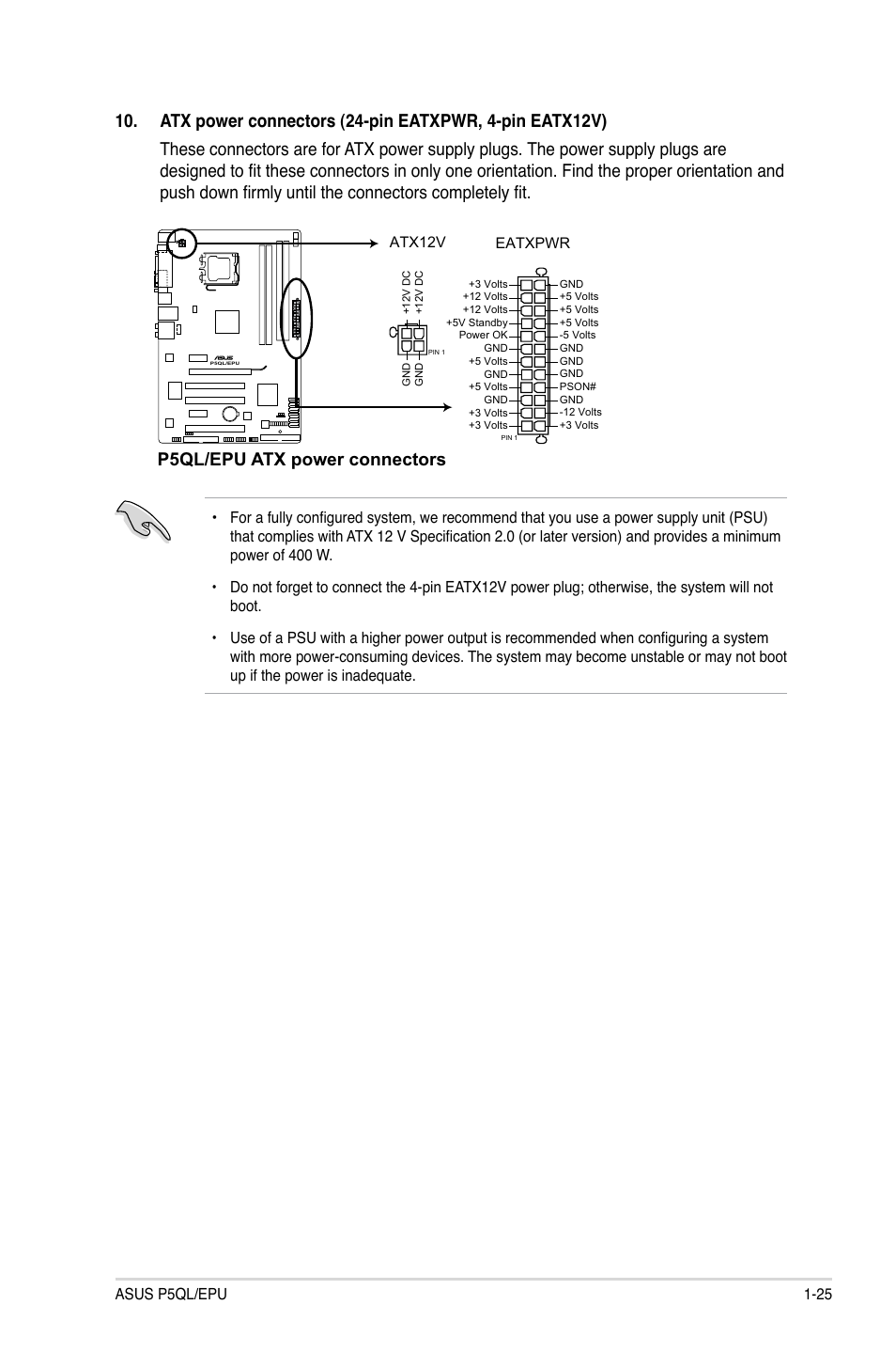 P5ql/epu atx power connectors | Asus P5QL/EPU User Manual | Page 35 / 64