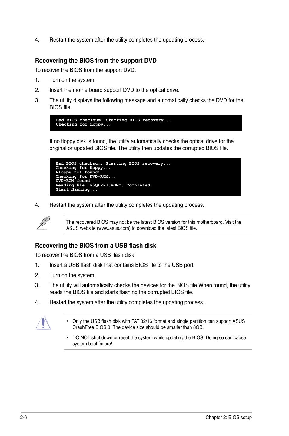 Recovering.the.bios.from.the.support.dvd, Recovering the bios from a usb flash disk | Asus P5QL/EPU User Manual | Page 44 / 64