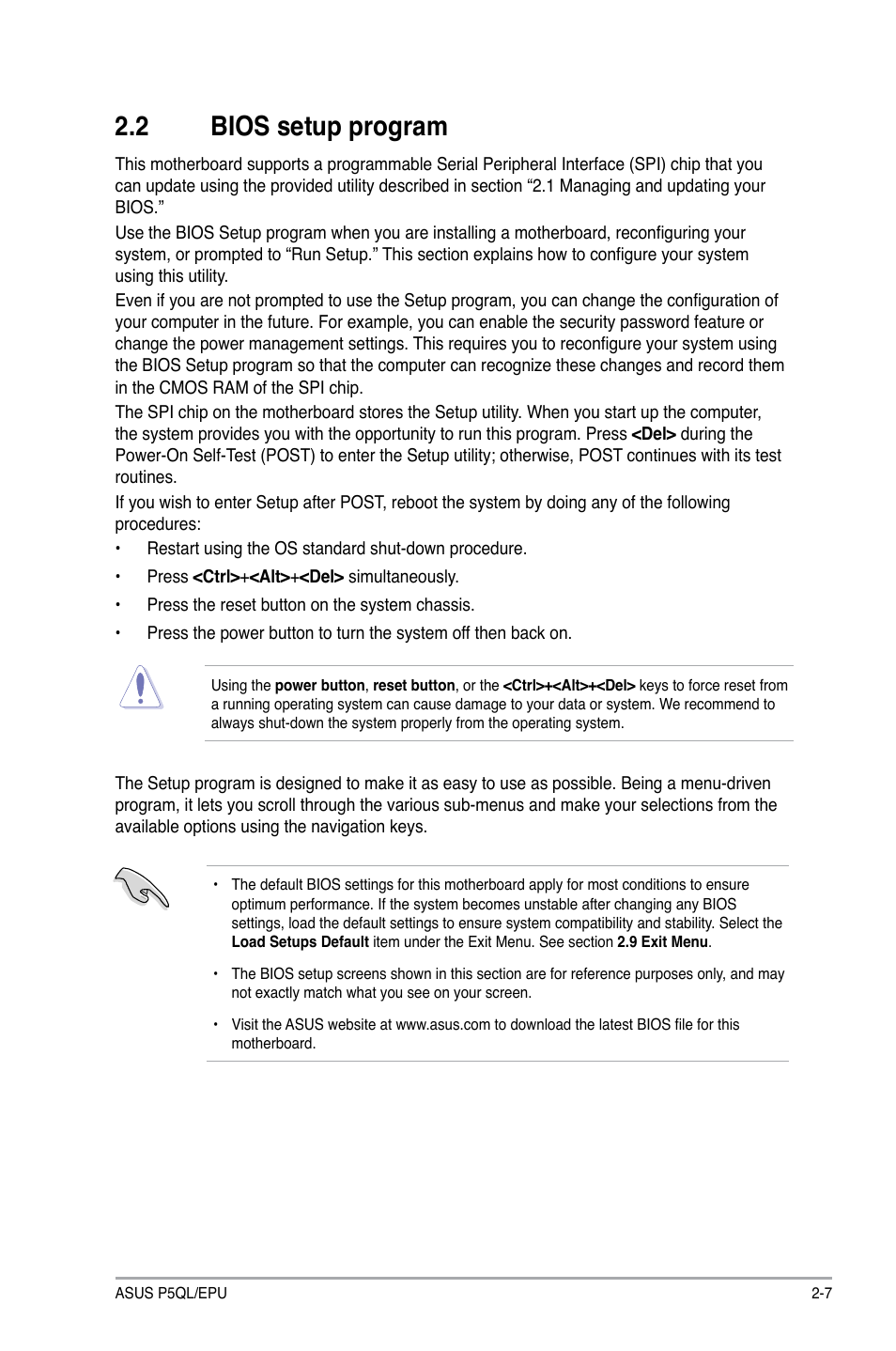 2 bios setup program, Bios.setup.program -7, Bios.setup.program | Asus P5QL/EPU User Manual | Page 45 / 64
