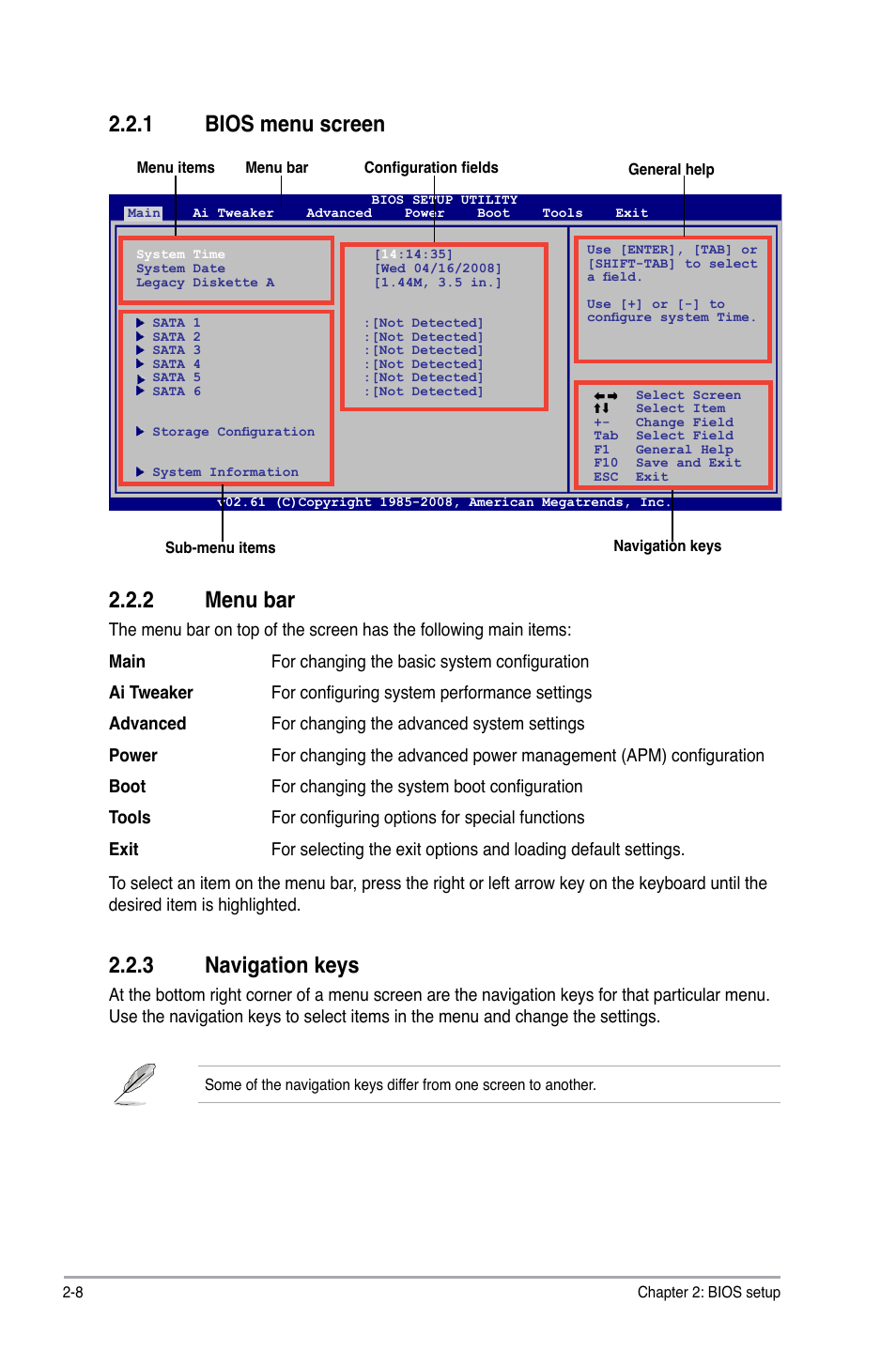 1 bios menu screen, 2 menu bar, 3 navigation keys | Bios menu screen -8, Menu bar -8, Navigation keys -8, Bios.menu.screen, Menu.bar, Navigation.keys | Asus P5QL/EPU User Manual | Page 46 / 64