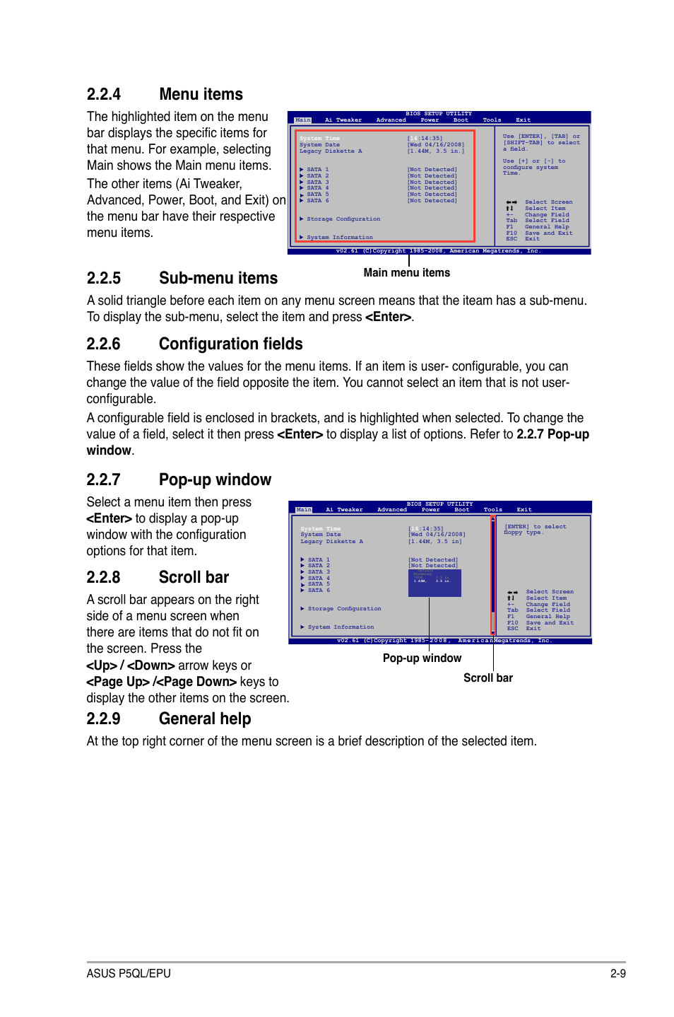 4 menu items, 5 sub-menu items, 6 configuration fields | 7 pop-up window, 8 scroll bar, 9 general help, Menu items -9, Sub-menu items -9, Configuration fields -9, Pop-up window -9 | Asus P5QL/EPU User Manual | Page 47 / 64