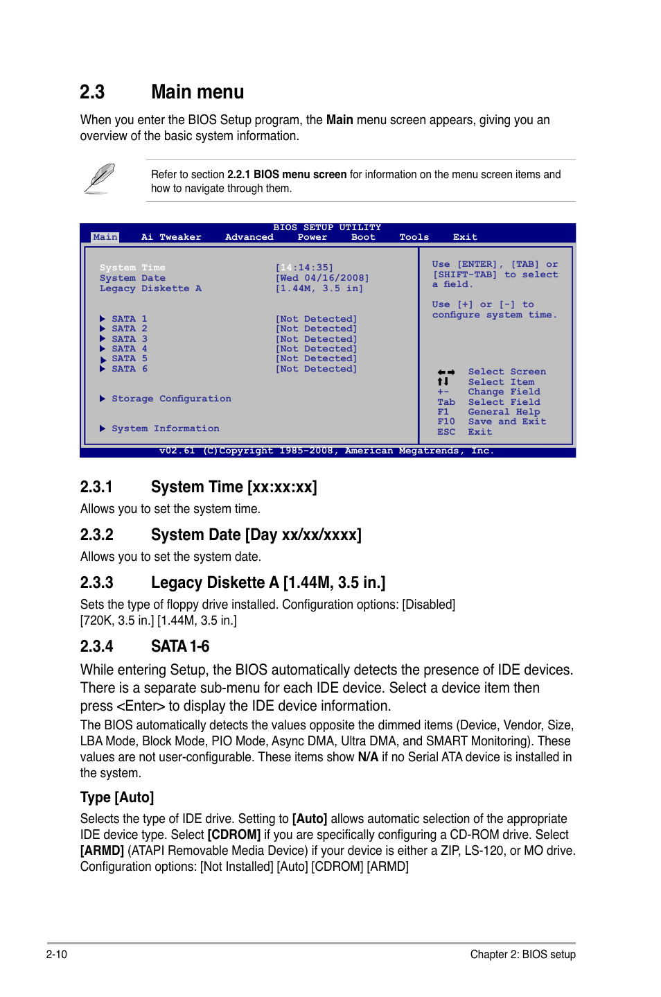 3 main menu, 1 system time, 2 system date | 3 legacy diskette a, 4 sata 1-6, Main.menu -10 2.3.1, System time -10, System date -10, Legacy diskette a -10, Sata 1-6 -10 | Asus P5QL/EPU User Manual | Page 48 / 64