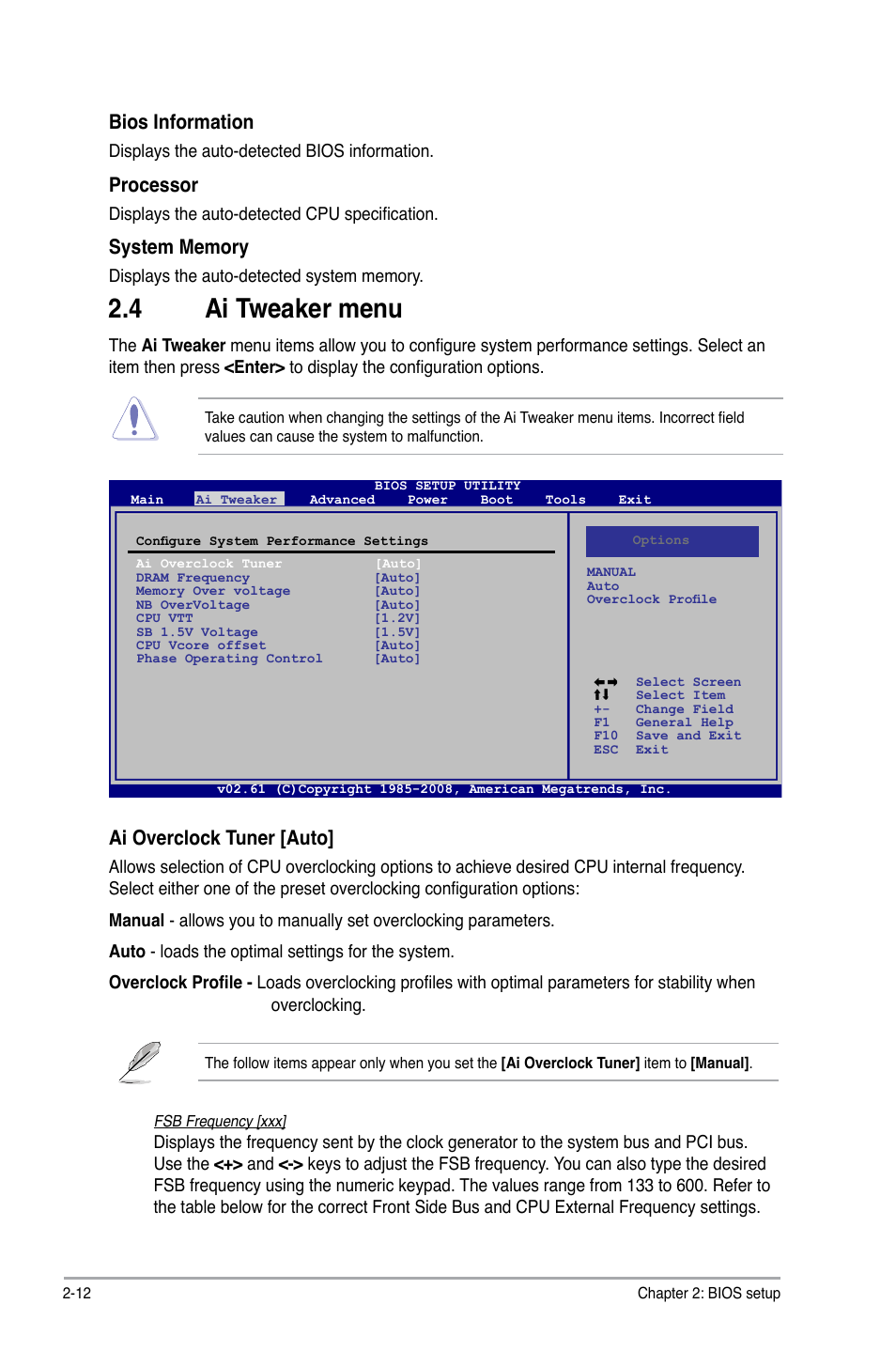 4 ai tweaker menu, Ai.tweaker.menu -12, Ai.tweaker.menu | Bios.information, Processor, Ai.overclock.tuner.[auto | Asus P5QL/EPU User Manual | Page 50 / 64